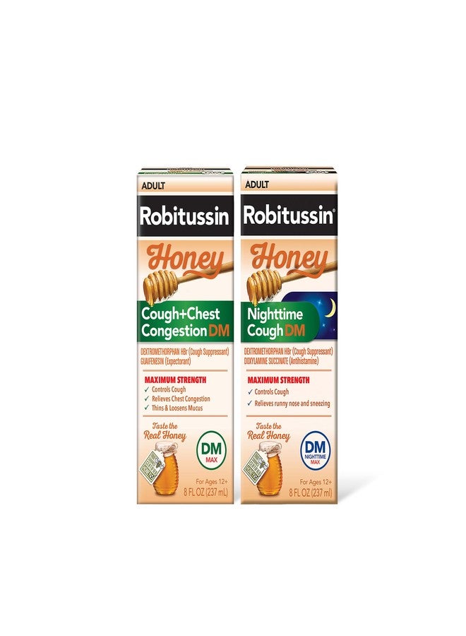 Robitussin Honey DM Max Cough Plus Chest Congestion and Robitussin Maximum Strength Honey Nighttime Cough DM, Adult Formulas - 2 x 8 Fl Oz Bottles - Image 1